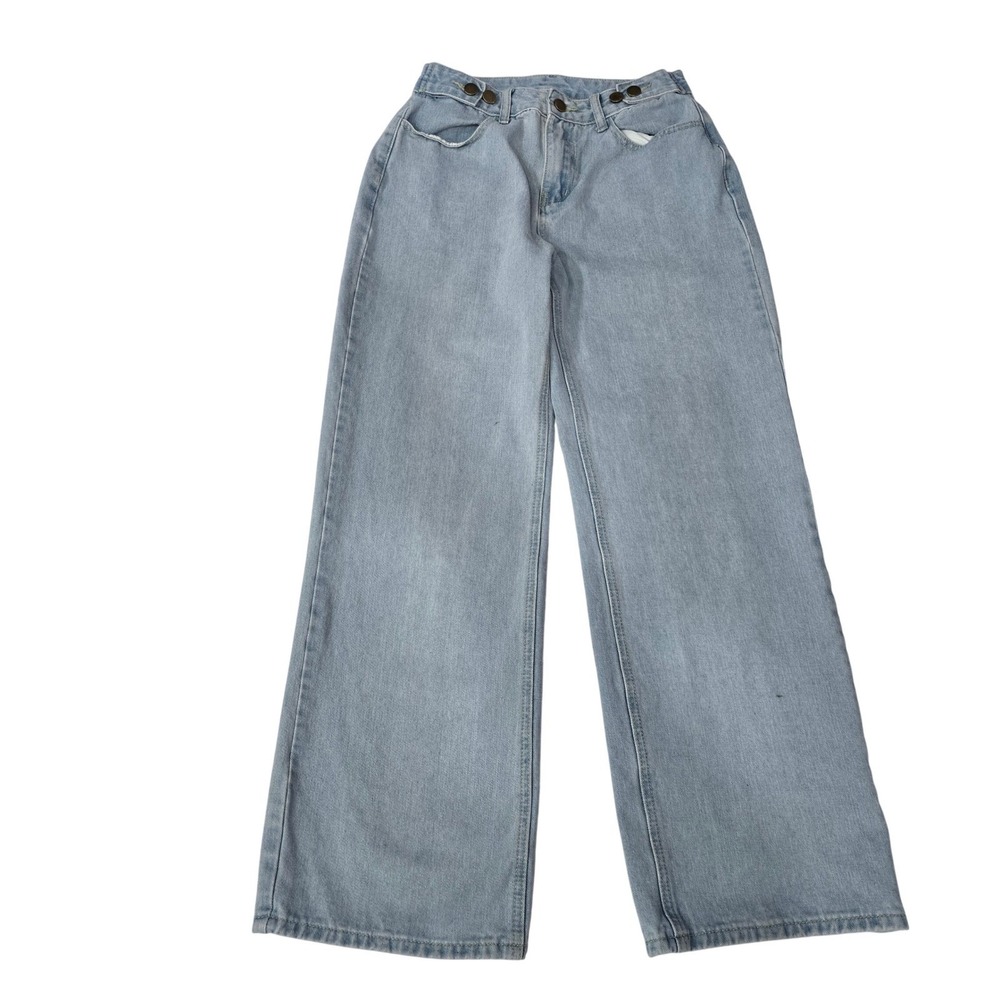 Y2K Baggy Wide Leg Jeans Light Wash Adjustable Waist Blue Denim Small